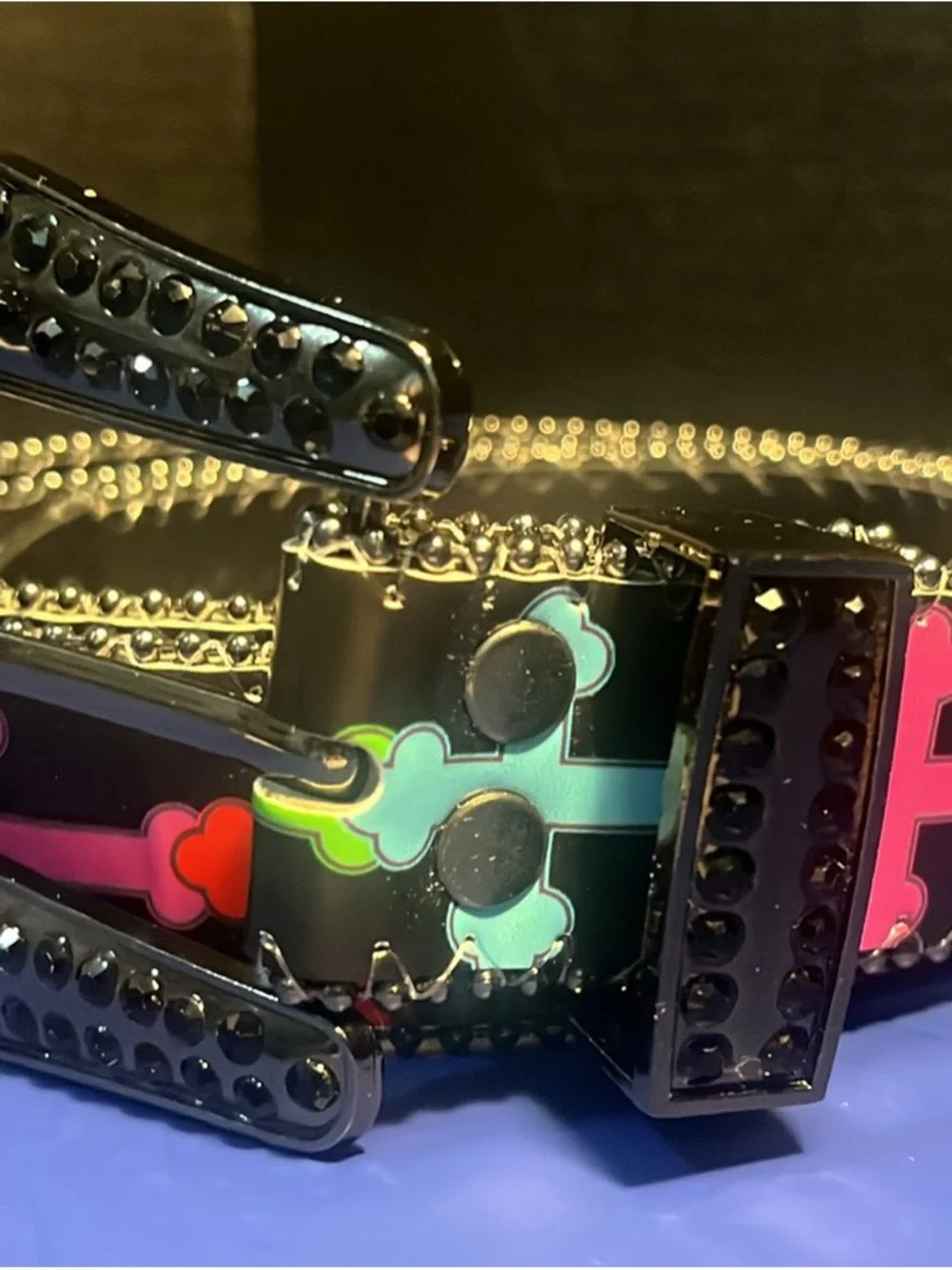 Women's Black Beaded Belt with Enamel Floral Accents